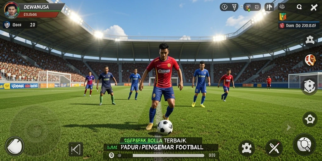 Tampilan antarmuka permainan sepak bola yang menegangkan dan realistis.