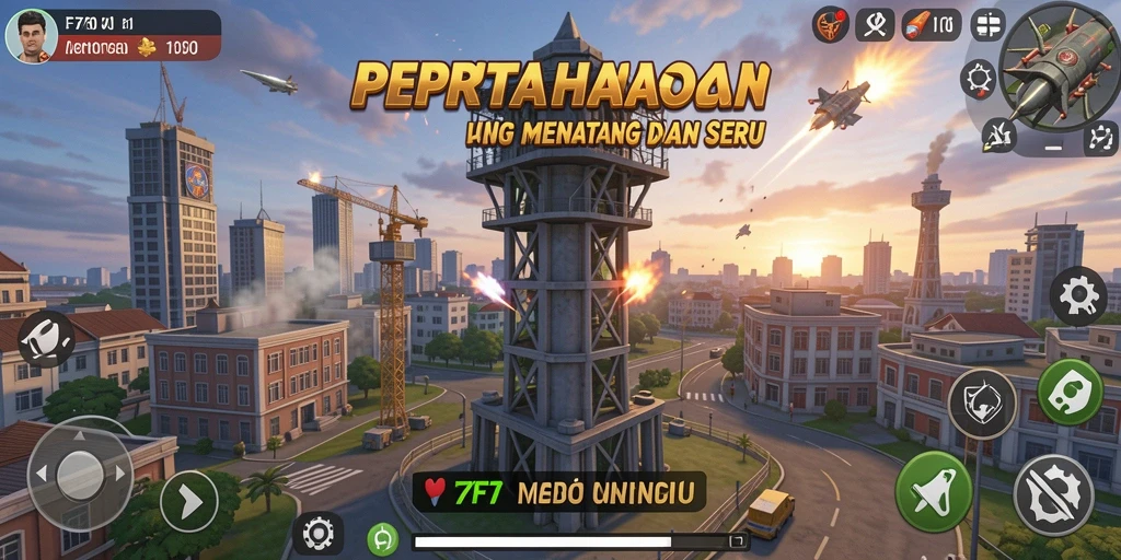 Tampilan gameplay F7F7 dengan pertahanan menara yang strategis.
