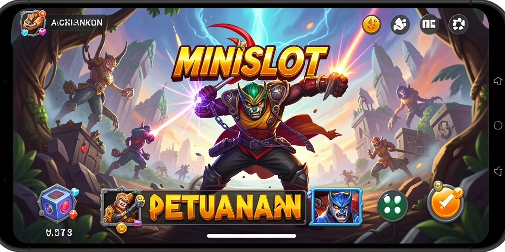 Screenshot utama MINISLOT menampilkan aksi seru saat melawan musuh.