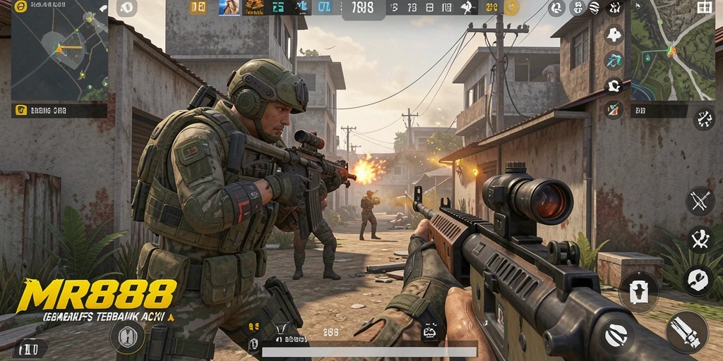 Gameplay MR888 dengan pertempuran FPS yang intens dan mendebarkan.